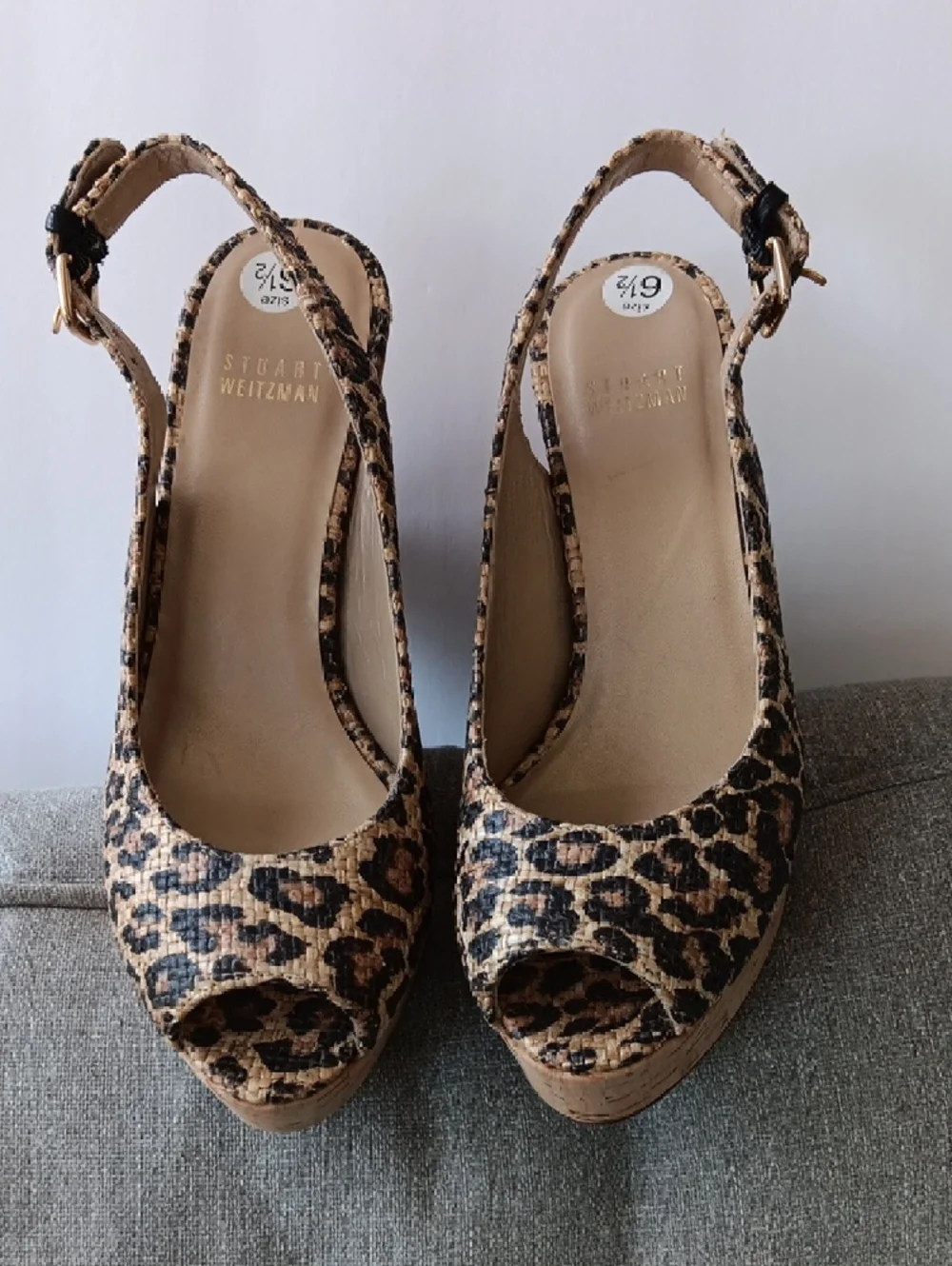 Stuart Weitzman"Jean" Leopard Print Cork Wedge Slingbacks Peep-toe 6.5 M( EUC) - Picture 7 of 16